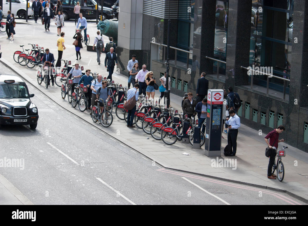 Queues for Santander branded Boris hire bikes London during London