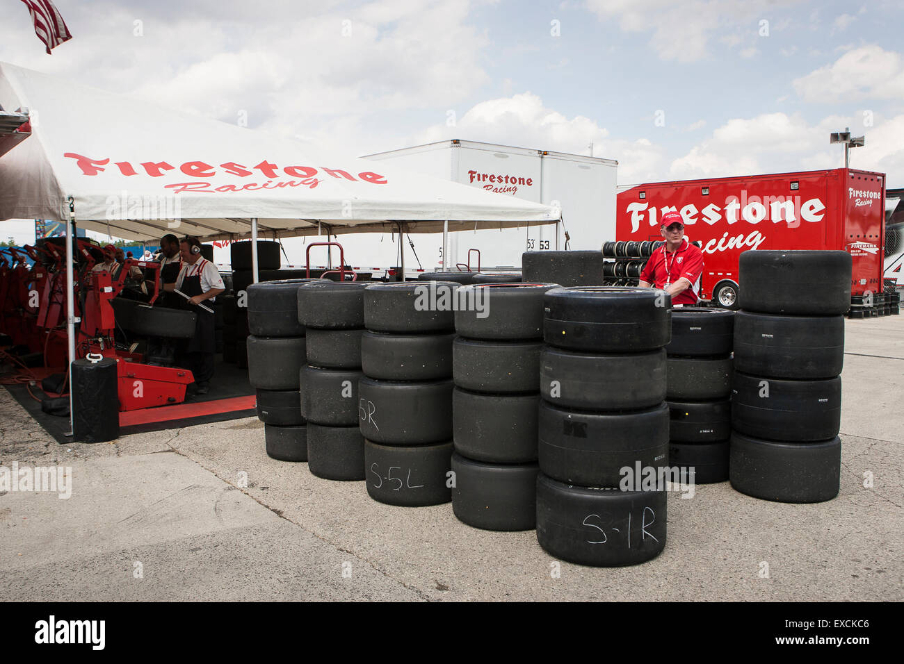 Stacks of used race car tires at an IndyCar race. Stock Photo