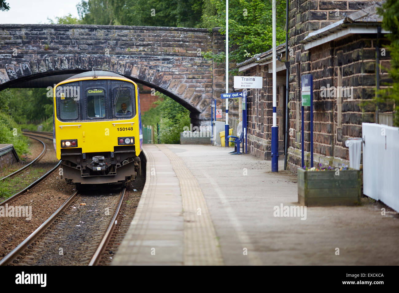Runcorn is an industrial town and cargo port in Halton, Cheshire, UK. Pictured The station is unmanned a 150 sprinter unit in N Stock Photo