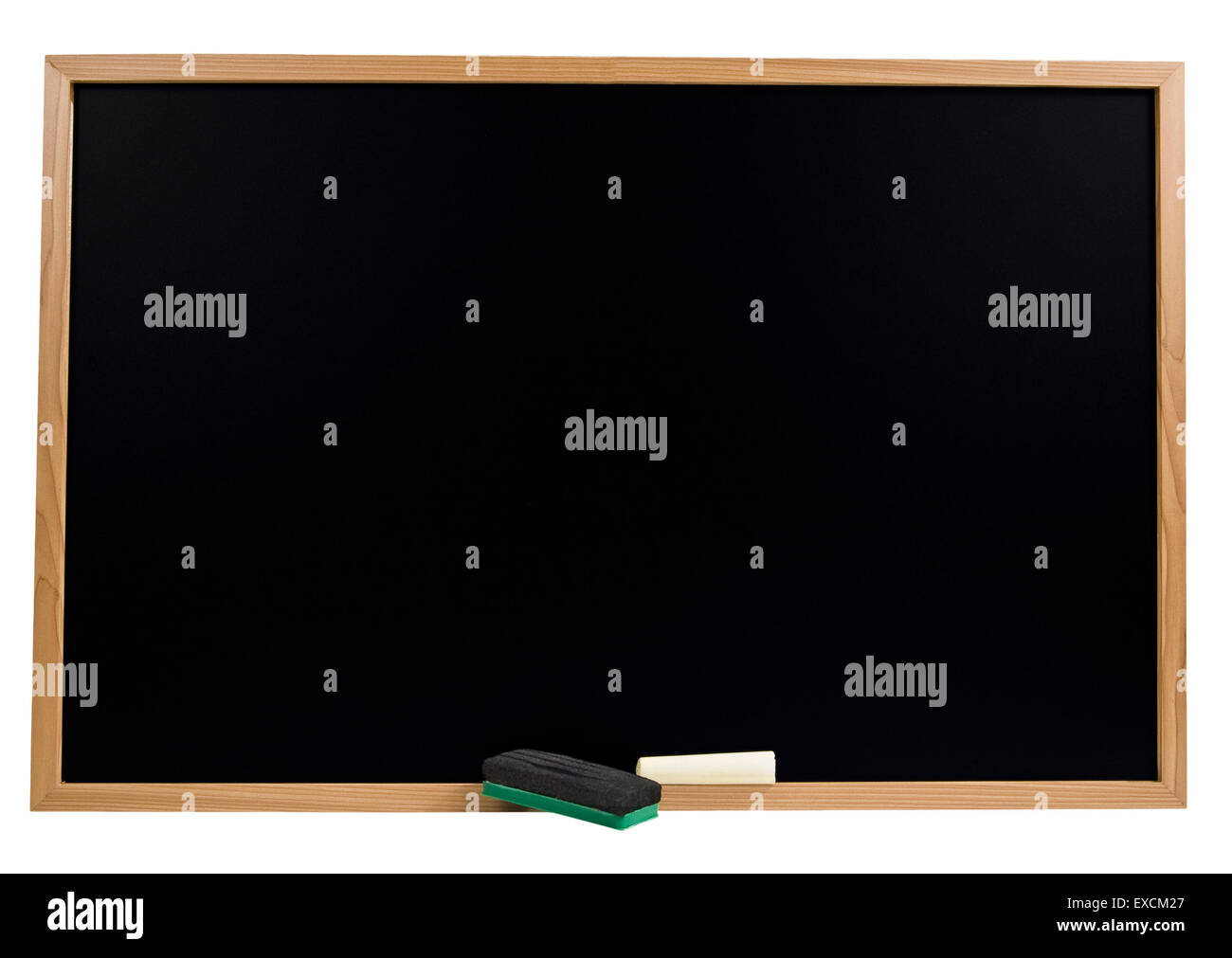 Blank Blackboard With Wooden Frame, Chalk and Eraser Stock Photo