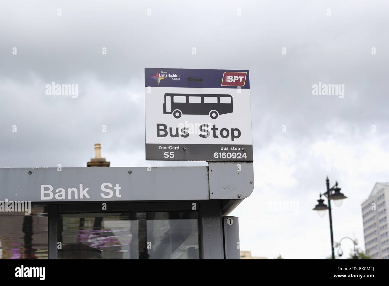 Bus stop sign in Airdrie, North Lanarkshire, Scotland, United Kingdom Stock Photo
