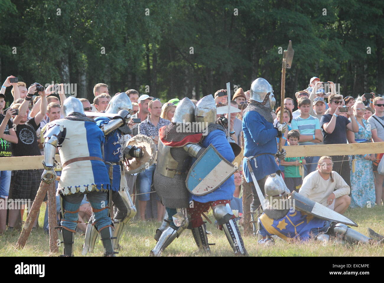 battle between historical knight clubs on festival 'Pride of Ancestor', July 4-5, Vileyka, 2015, Belarus Stock Photo