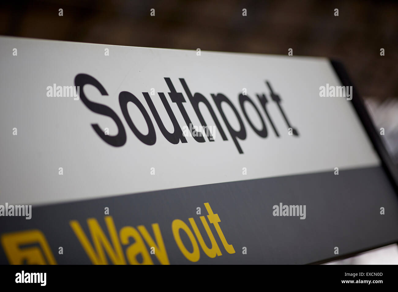Pictures around Southport   Pictured  Southport railway station sign   Southport is a large seaside town in the Metropolitan Bor Stock Photo
