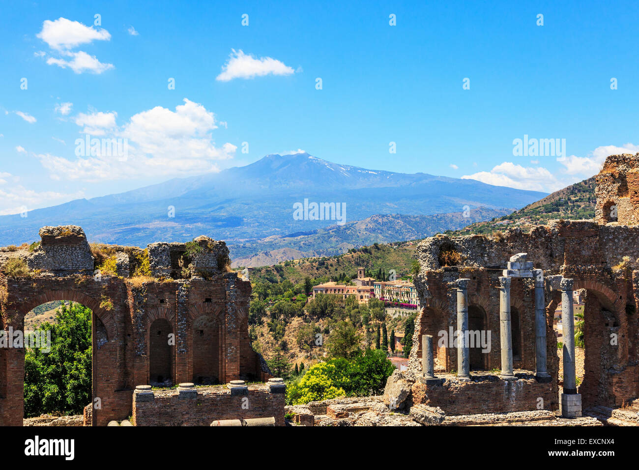 Mount Etna from the Greek Roman Amphitheatre in Taormina, Messina