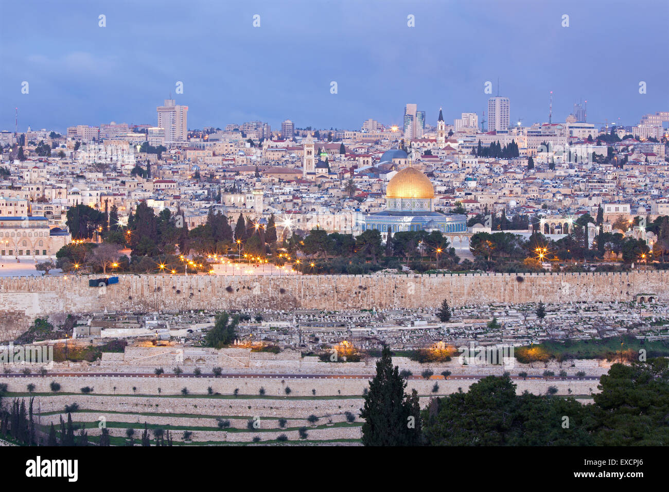 Jerusalem - Outlook from Mount of Olives to old city at dusk Stock Photo