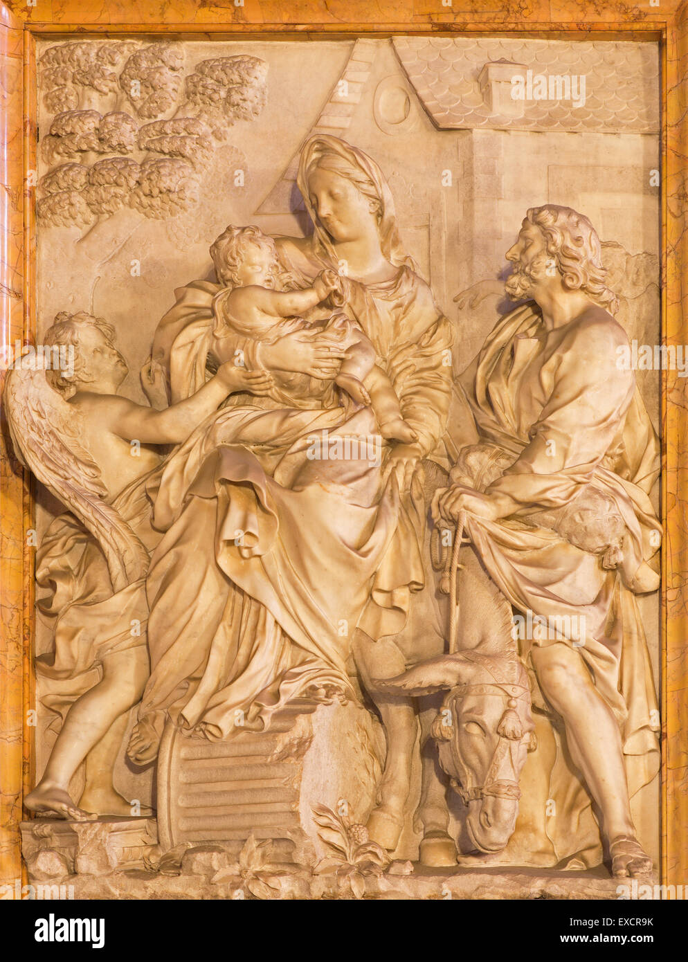 Rome - The marble relief of  Flight of Holy Family into Egypt  in church Chiesa di Santa Maria della Vittoria Stock Photo