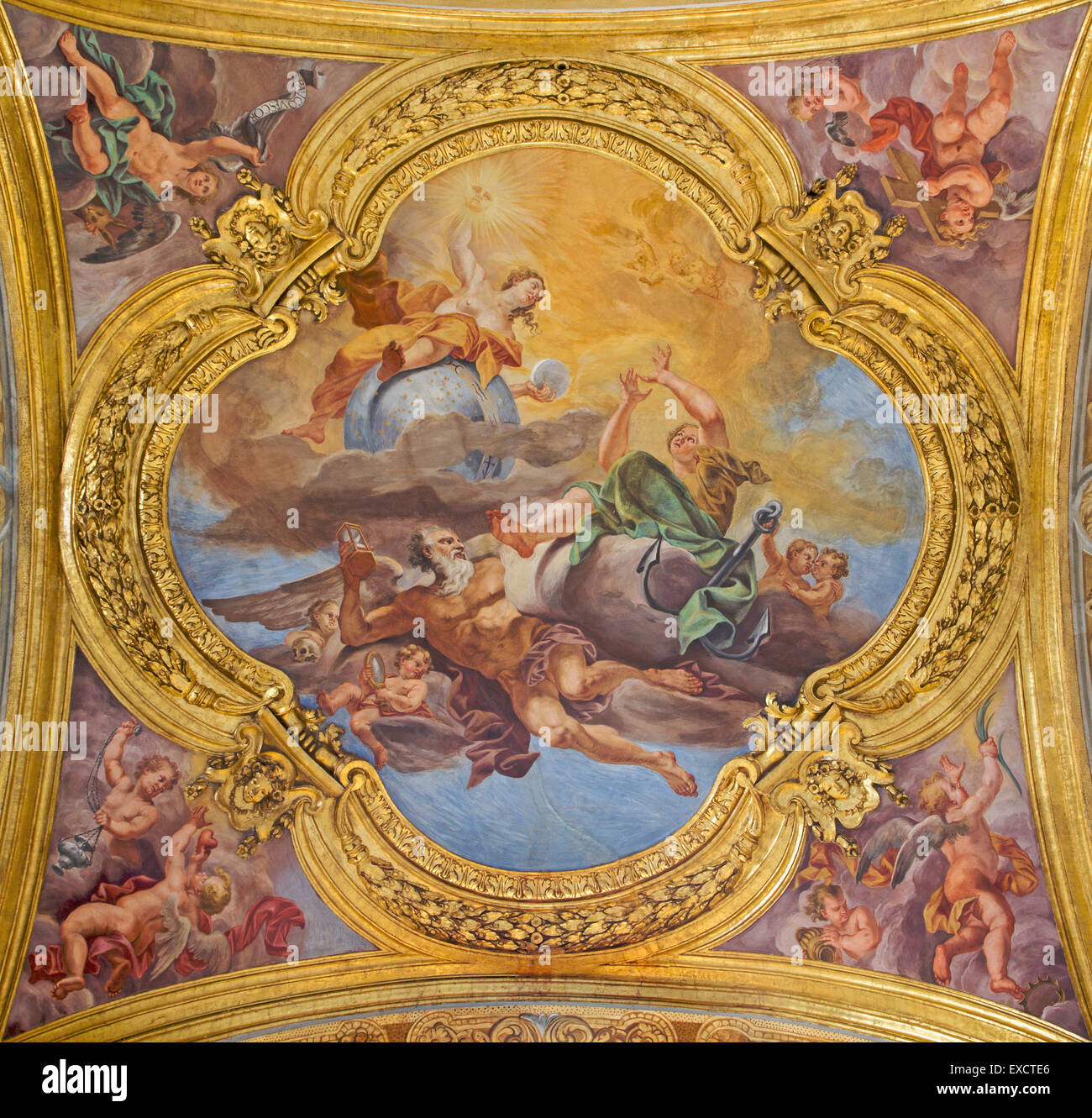 Rome - The fresco of virtues of Hope and Truth on the little cupola of side nave in church Basilica dei Santi Ambrogio e Carlo Stock Photo