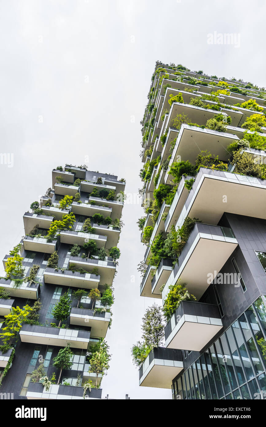 MILAN , ITALY - 03 MAY 2015 : Bosco Verticale. two prestigious buildings, which grow more than 1,000 specimens of plants, integrate seamlessly into the green around them. Stock Photo
