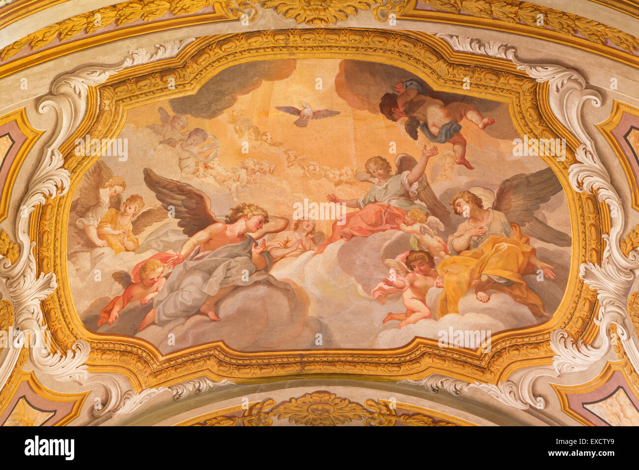 Rome - The ceiling fresco of Angels with the Holy Spirit  from 17. cent. in church Chiesa di Santa Maria in Transpontina Stock Photo