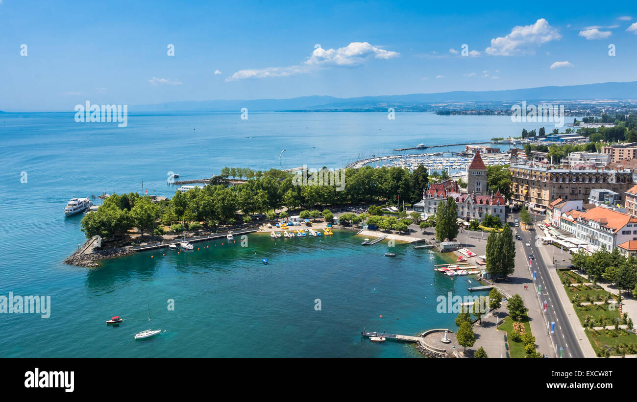 Aerial view of Leman lake -  Lausanne city in Switzerland Stock Photo