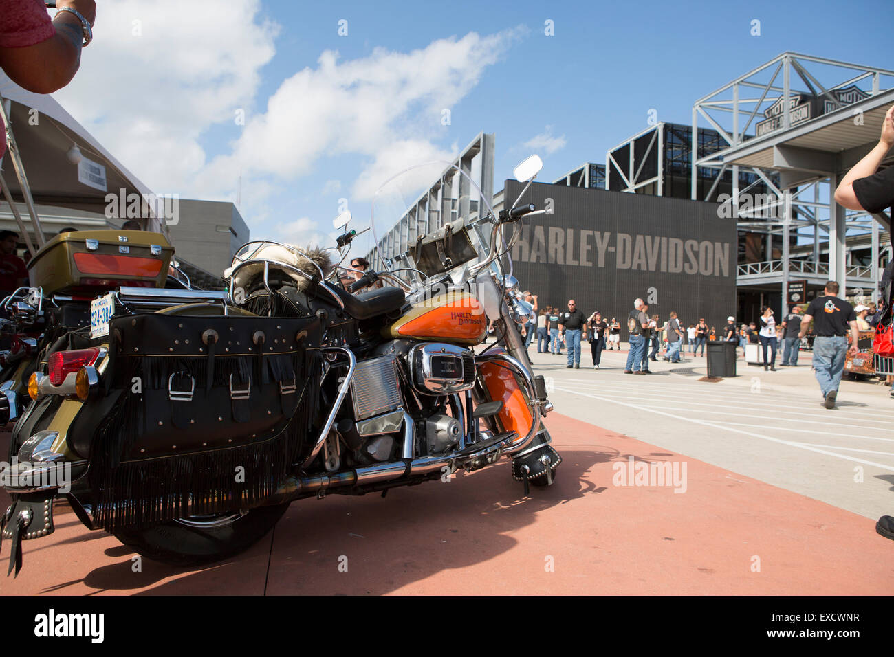 Harley Davidson motorcycles during a Harley rally at the Harley Davidson Museum in Milwaukee, Wisconsin Stock Photo