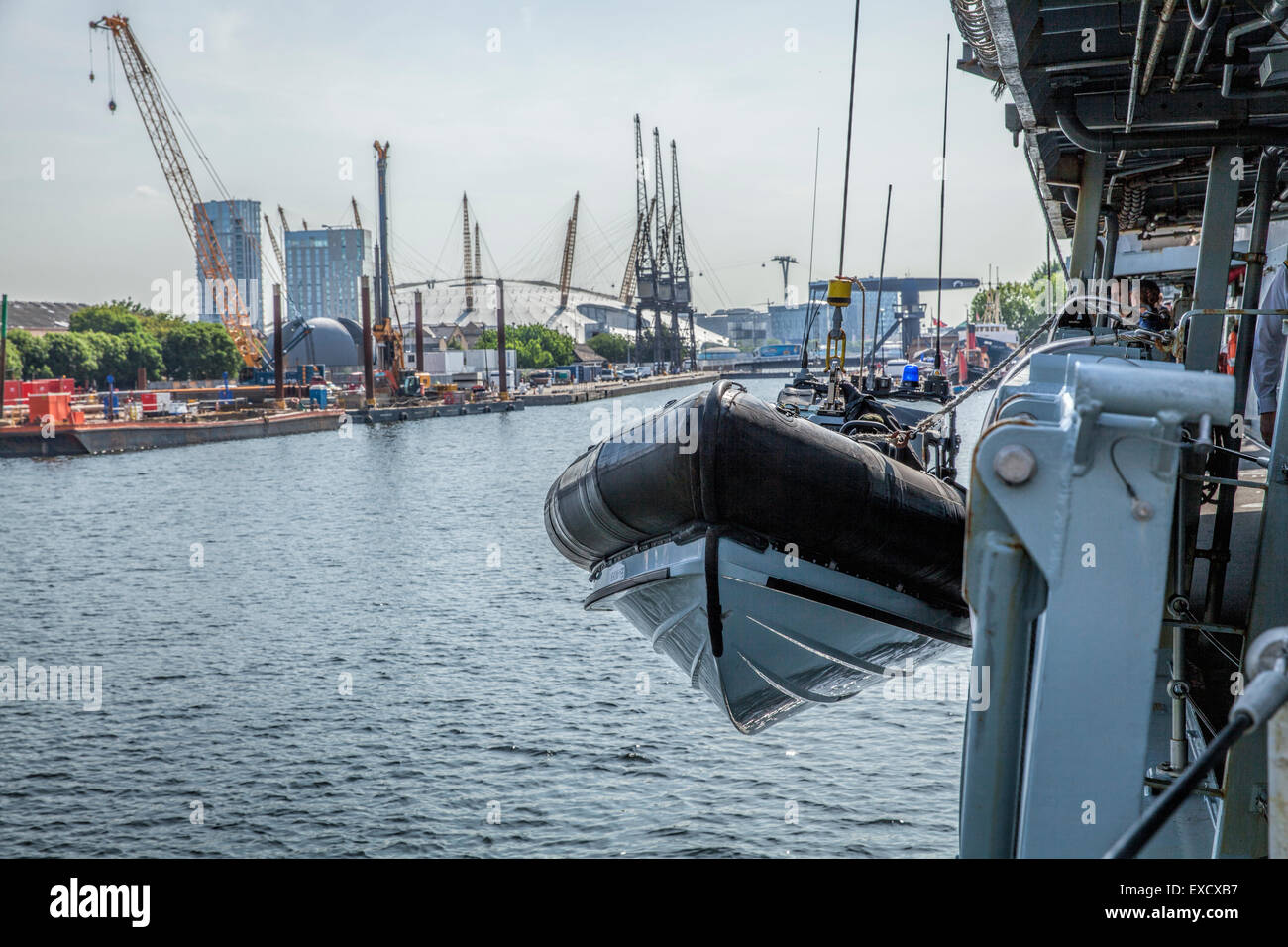Inflatable dinghy on the side of the royal navy frigate HMS St Albans