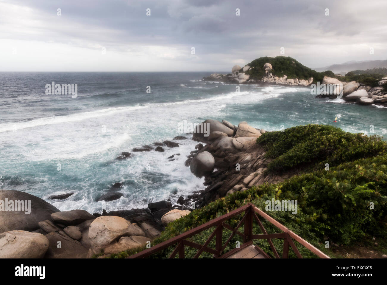 View of the Caribbean coast from a camping area in Tayrona National Park near Santa Marta, Colombia.  The park is one of the mos Stock Photo