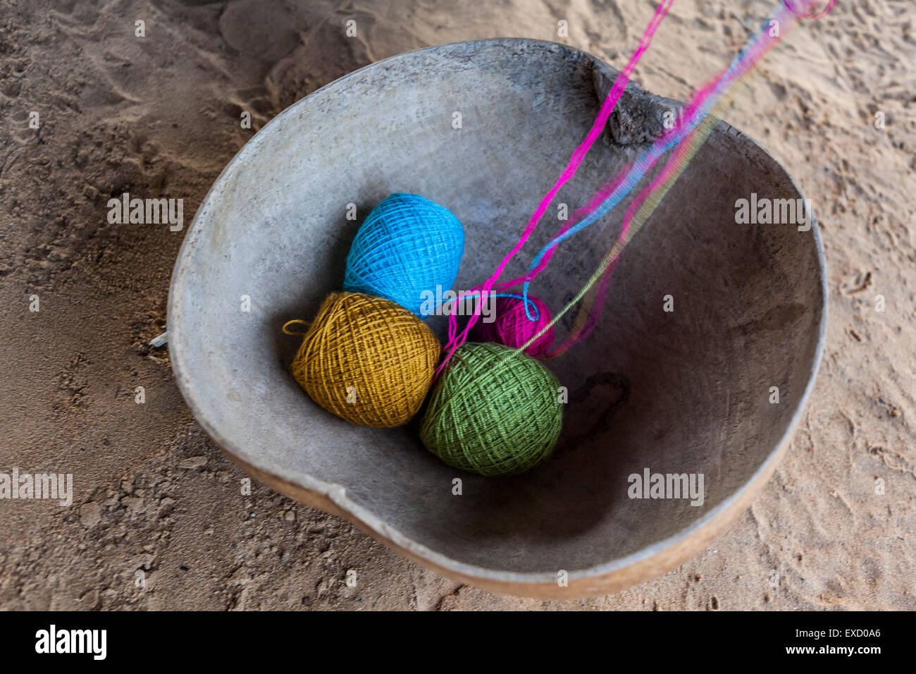 Knitting thread in a large calabash bowl in a Wayuu rancheria or rural settlement.  Knitting, crocheting and weaving are fundame Stock Photo