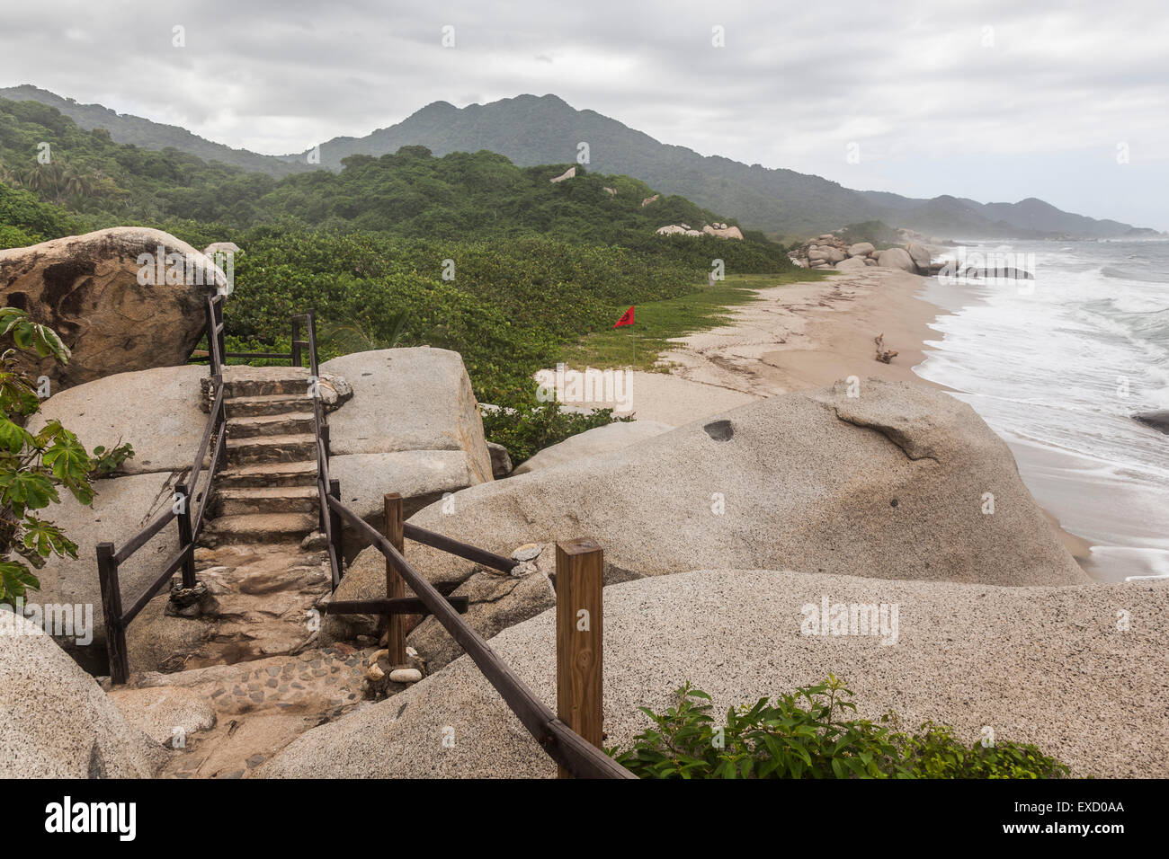 Stairway and trail following the coast in Tayrona National Park near Santa Marta, Colombia.  The park is one of the most popular Stock Photo