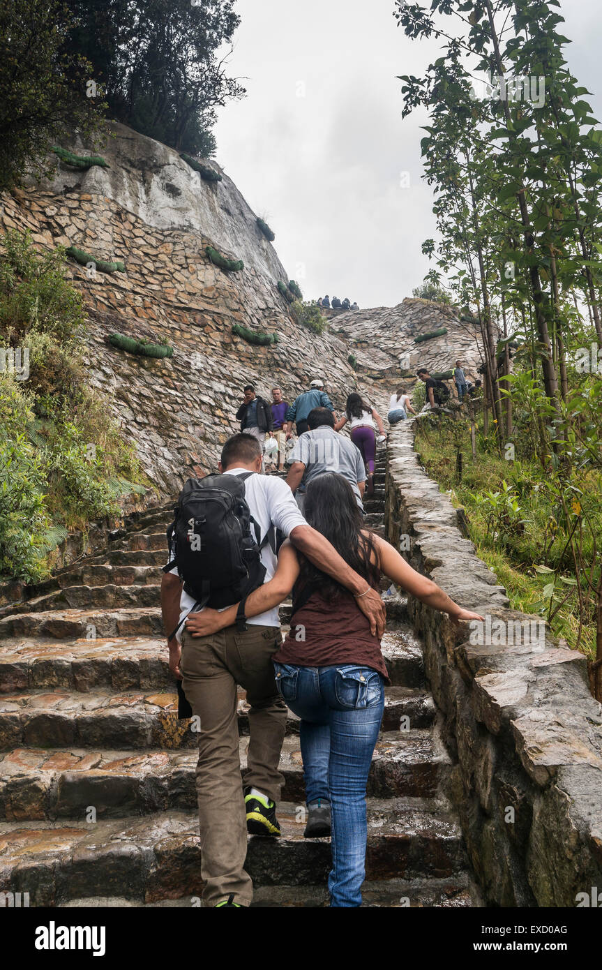 Locals, youth and tourists climbing the popular Cerro de Monserrate in Bogota, Colombia. Stock Photo