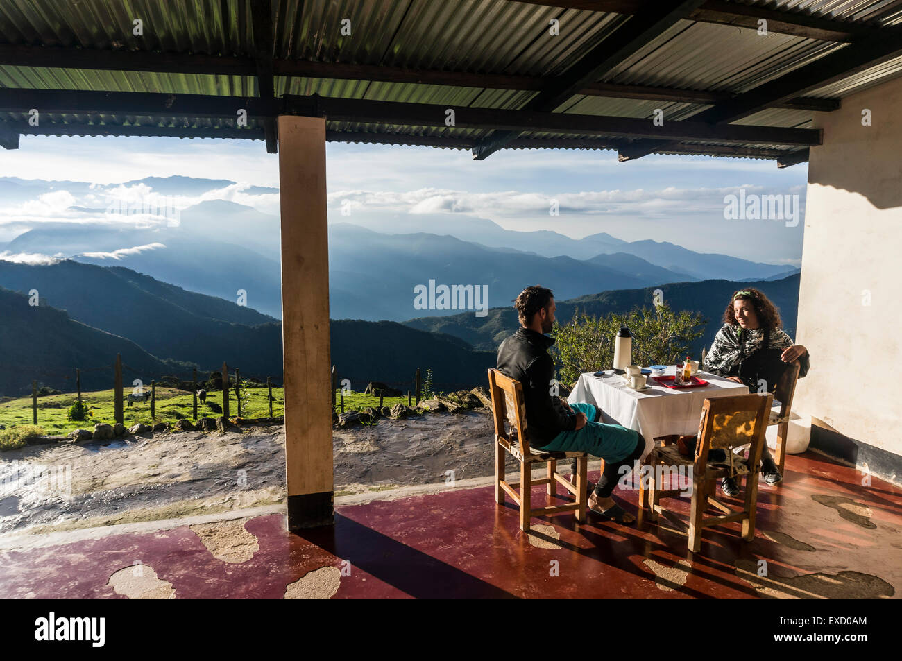 Breakfast table at a small family ranch in the Sierra Nevada de Santa Marta.  The Sierra Nevada de Santa Marta is one of the mos Stock Photo