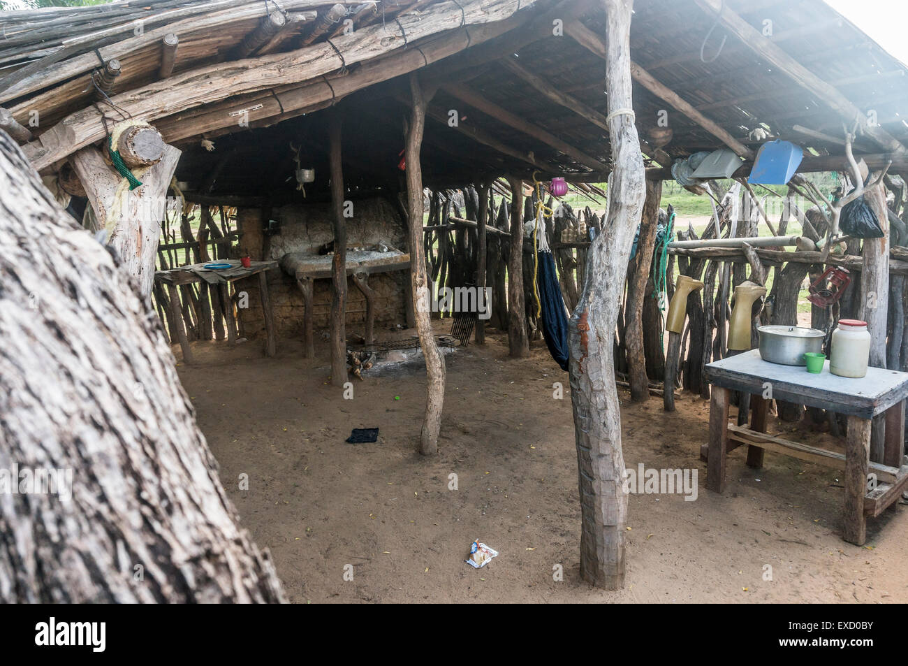 Kitchen hut in a Wayuu indigenous 'rancheria', or rural settlement, in La Guajira, Colombia. Stock Photo