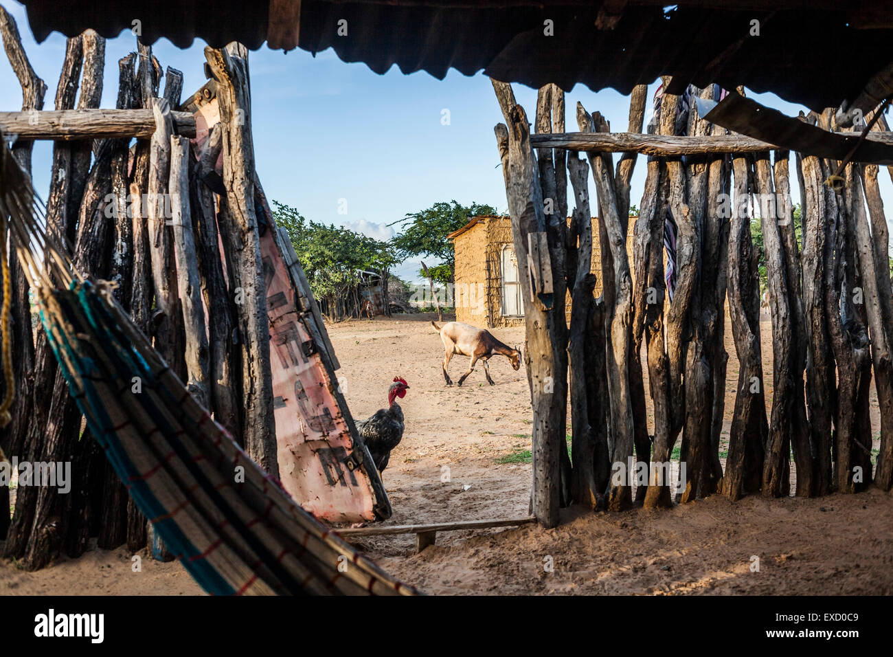 View from inside a home in a Wayuu indigenous 'rancheria' or rural settlement in La Guajira, Colombia. Stock Photo