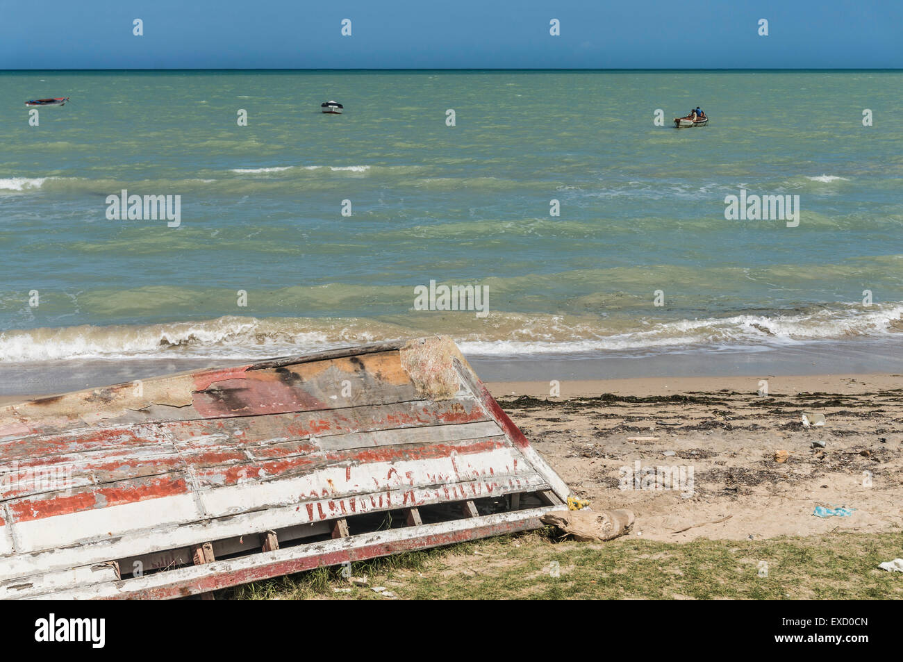 Fishermen headed out in a boat near the small town of Manaure in La Guajira, Colombia. Stock Photo