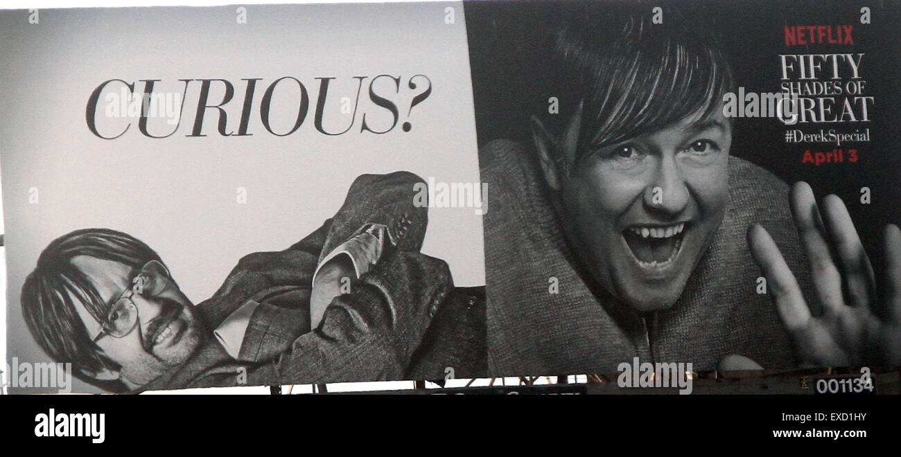Ricky Gervais advertisement billboard in Hollywood promoting his mockumentary-style comedy drama 'Derek'  Featuring: Ricky Gervais Where: Hollywood, California, United States When: 10 May 2015 Stock Photo