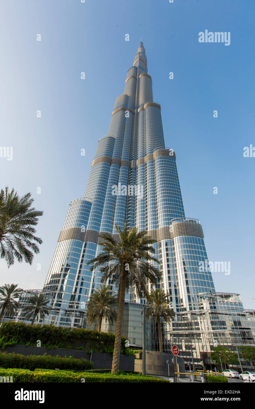 View at Burj Khalifa in Dubai. This skyscraper is the tallest man-made structure ever built, at 828 m. Stock Photo