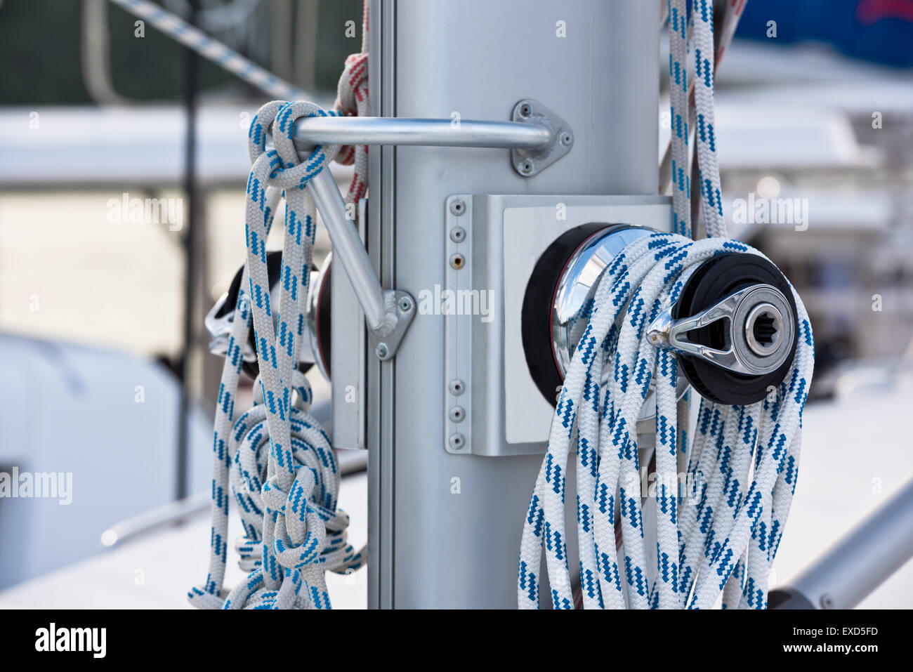 Winches and ropes, sailing yacht detail. Horizontal shot Stock Photo