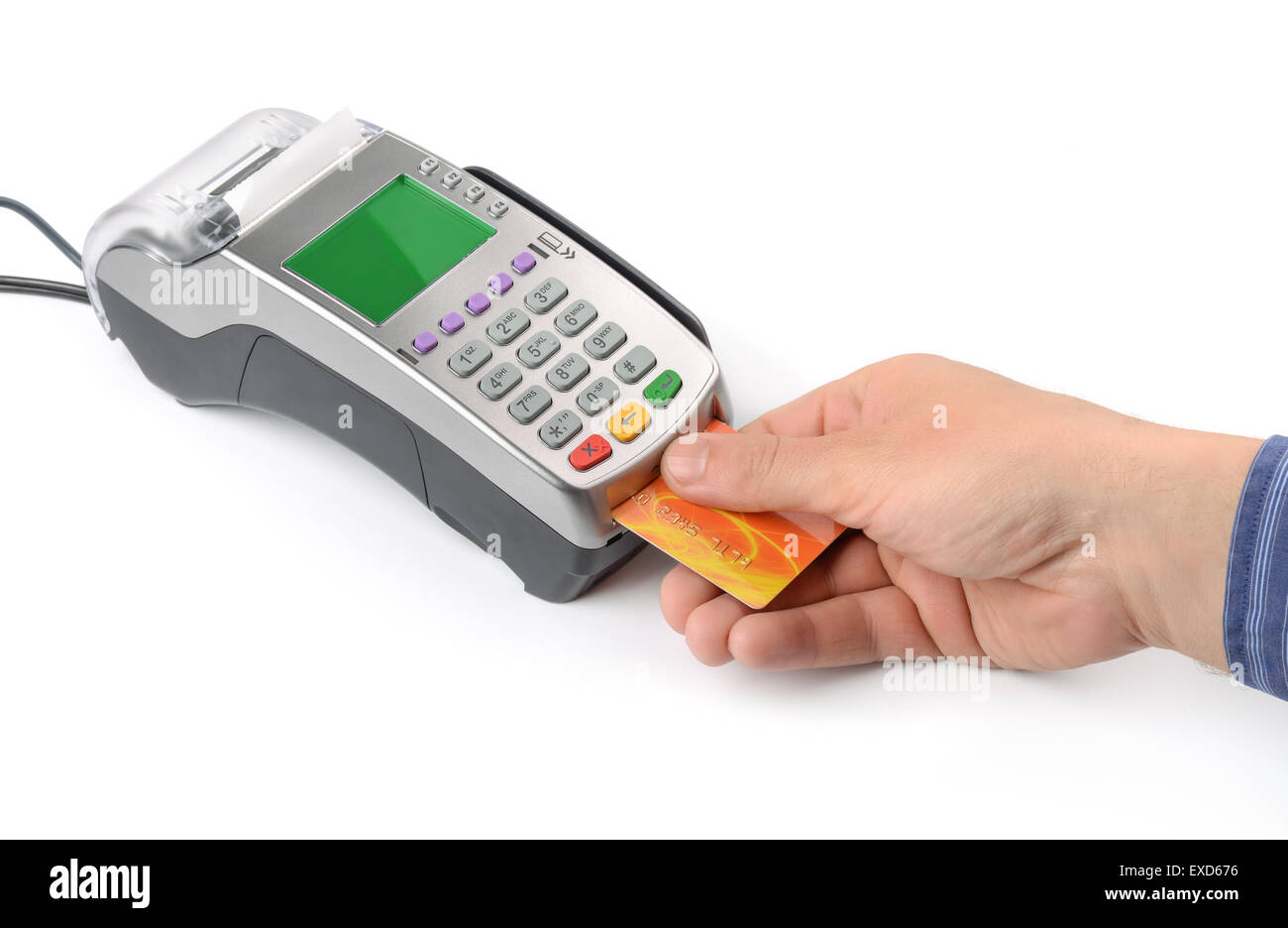 Hand with credit card and credit card reader Stock Photo