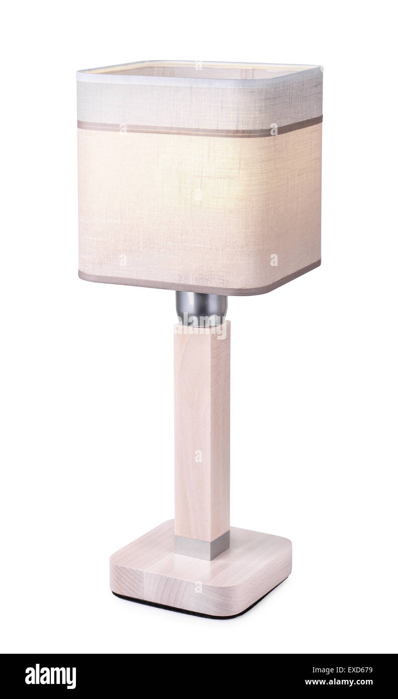 Table lamp with linen lampshade isolated on white Stock Photo