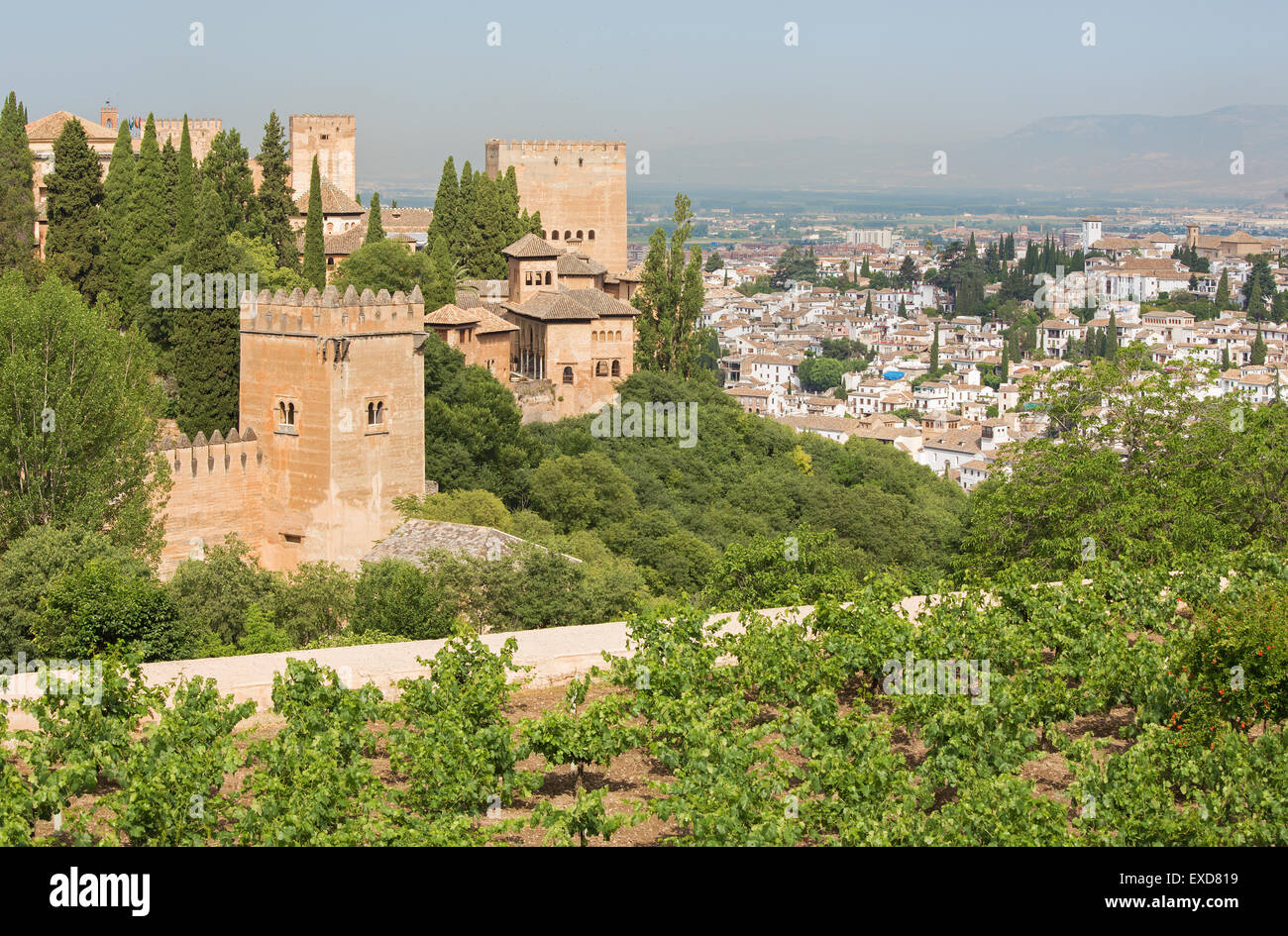 Granada - The outlook over the Alhambra and the town from Generalife gardens. Stock Photo