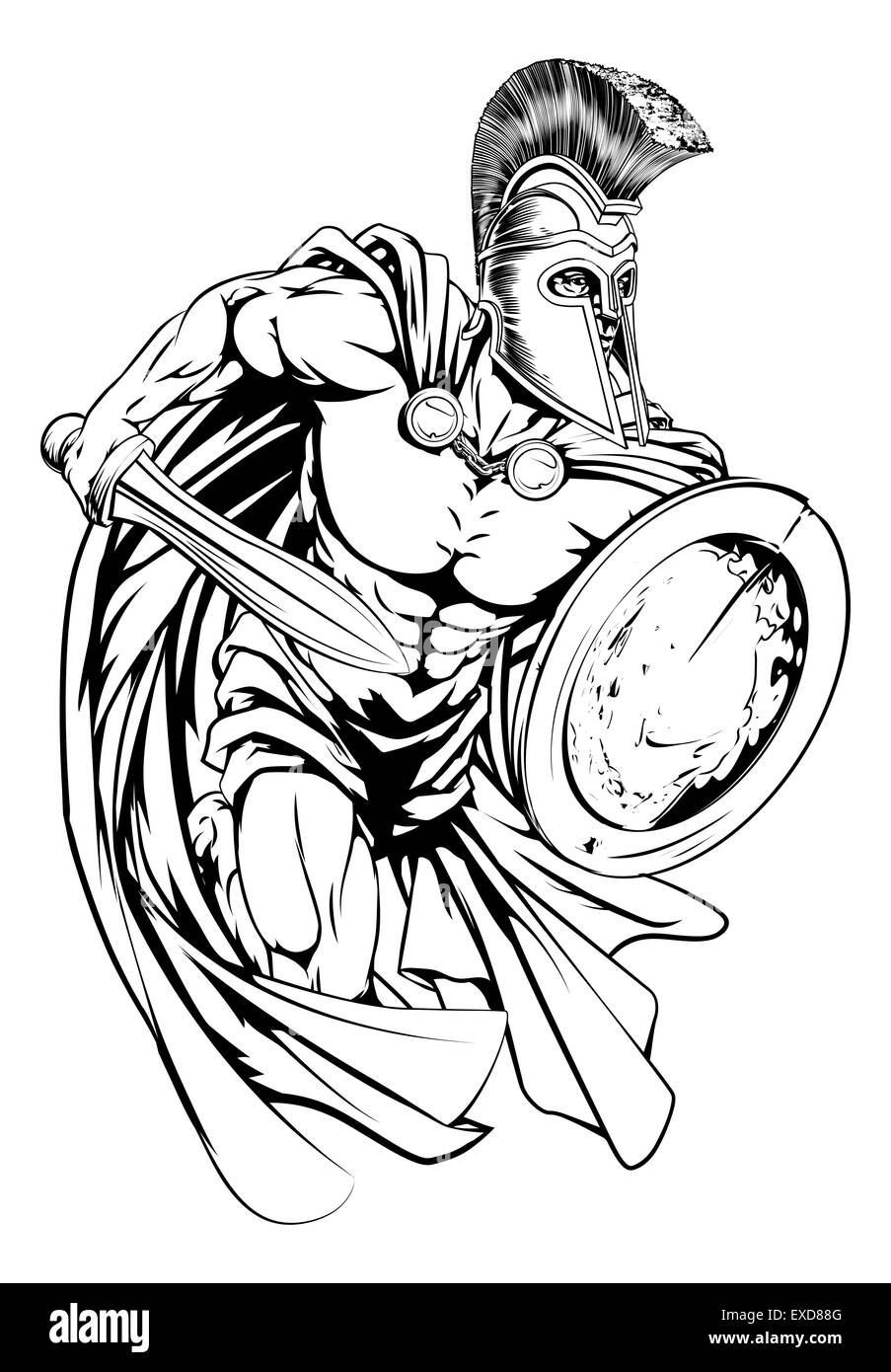 An illustration of a warrior character or sports mascot  in a trojan or Spartan style helmet holding a sword and shield Stock Photo