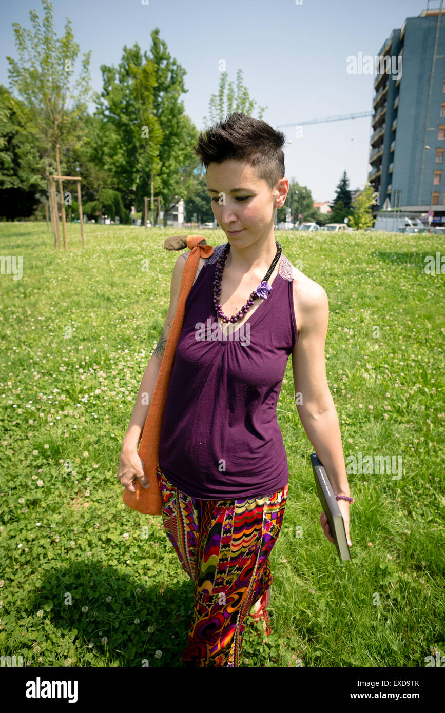 Beautiful Hipster Short Hair Woman In The Park In The City Stock