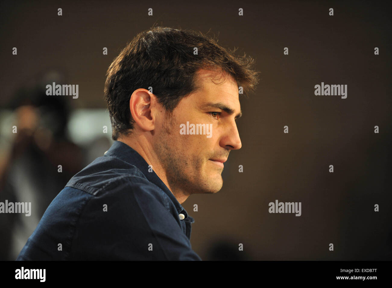 Madrid, Spain. 12th July, 2015. Real Madrid's goalkeeper Iker Casillas attends the press conference at the Santiago Bernabeu stadium in Madrid, Spain, July 12, 2015. The 34-year-old Iker Casillas will leave the Spanish La Liga top club for FC Porto after 25 years. Credit:  Xie Haining/Xinhua/Alamy Live News Stock Photo