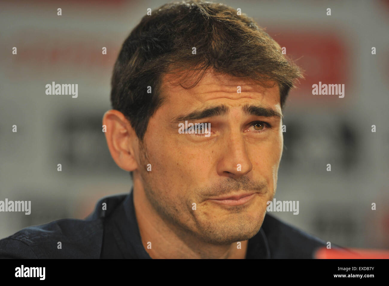 Madrid, Spain. 12th July, 2015. Real Madrid's goalkeeper Iker Casillas reacts during the press conference at the Santiago Bernabeu stadium in Madrid, Spain, July 12, 2015. The 34-year-old Iker Casillas will leave the Spanish La Liga top club for FC Porto after 25 years. Credit:  Xie Haining/Xinhua/Alamy Live News Stock Photo