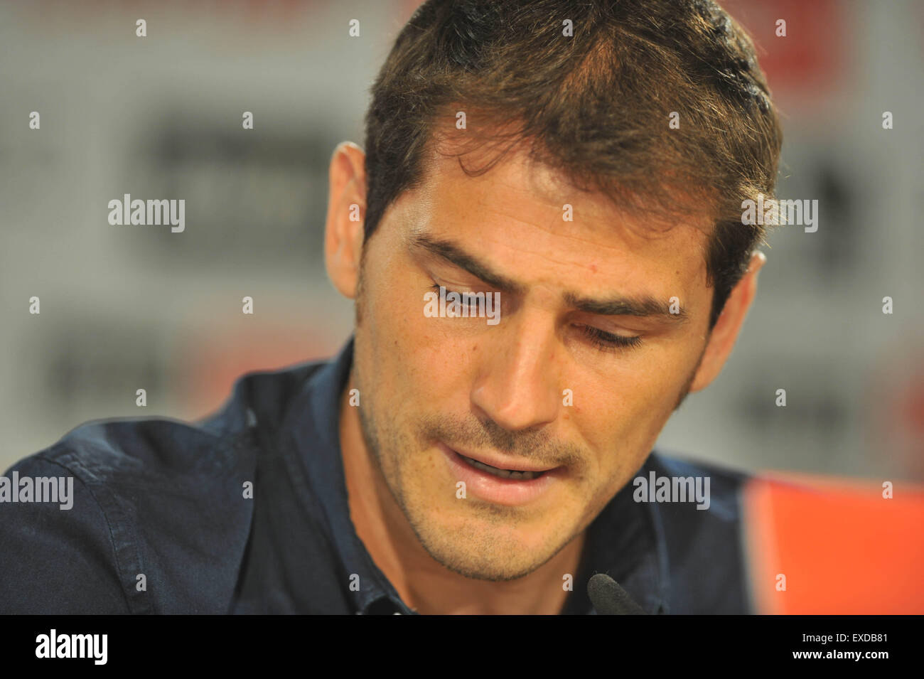 Madrid, Spain. 12th July, 2015. Real Madrid's goalkeeper Iker Casillas reacts during the press conference at the Santiago Bernabeu stadium in Madrid, Spain, July 12, 2015. The 34-year-old Iker Casillas will leave the Spanish La Liga top club for FC Porto after 25 years. Credit:  Xie Haining/Xinhua/Alamy Live News Stock Photo