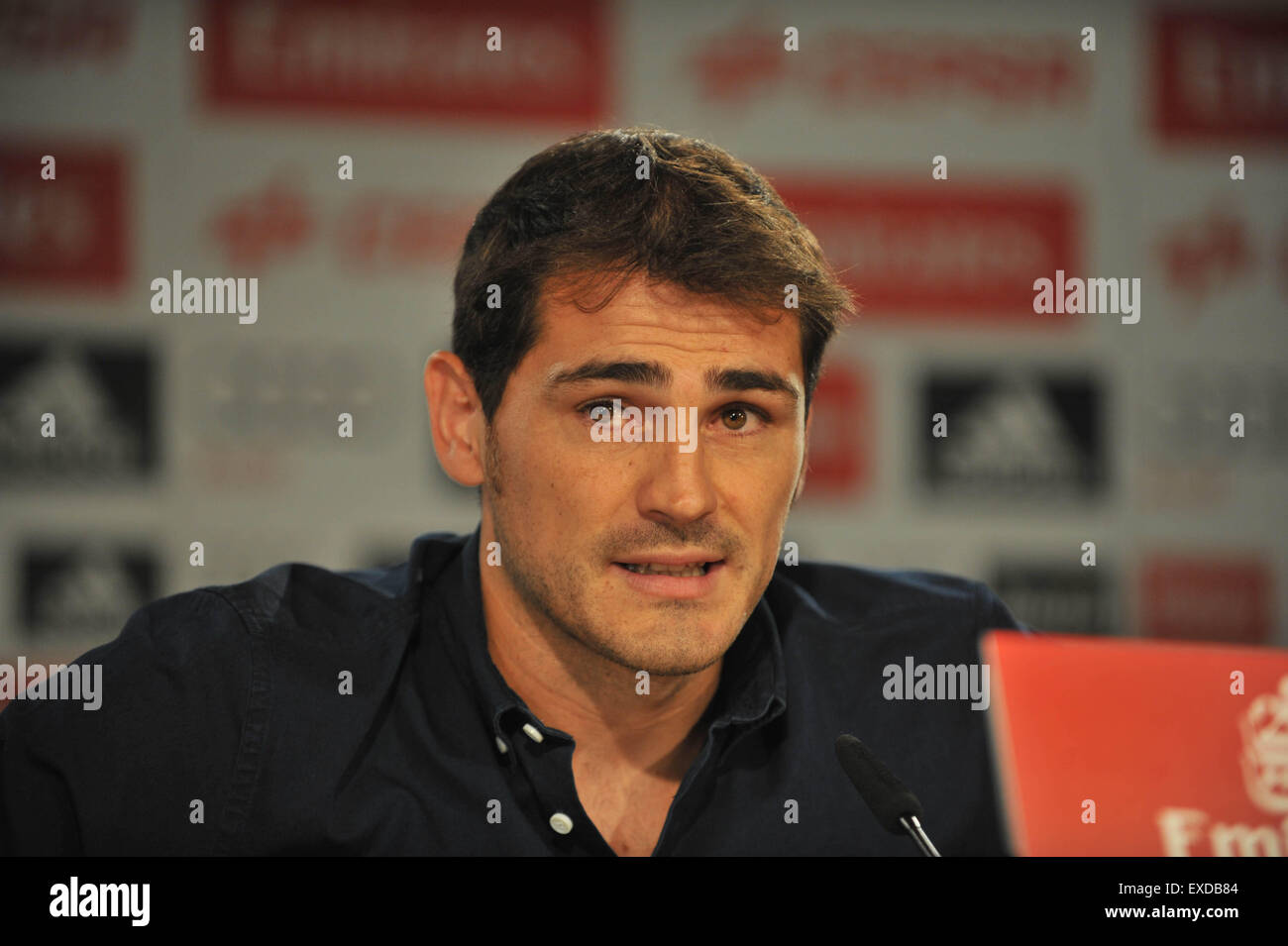 Madrid, Spain. 12th July, 2015. Real Madrid's goalkeeper Iker Casillas speaks during the press conference at the Santiago Bernabeu stadium in Madrid, Spain, July 12, 2015. The 34-year-old Iker Casillas will leave the Spanish La Liga top club for FC Porto after 25 years. Credit:  Xie Haining/Xinhua/Alamy Live News Stock Photo