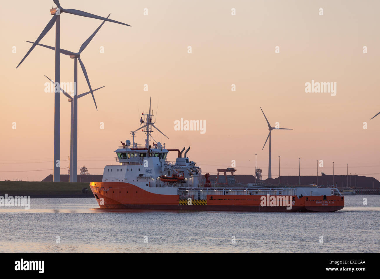 The offshore support vessel, Esnaad, in the port of Eemshaven at sunrise Stock Photo