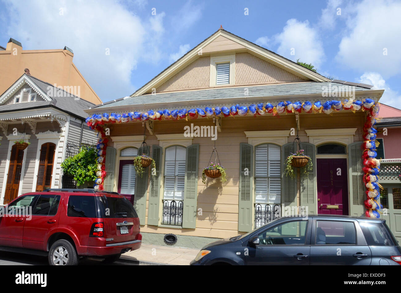 usa bunting on new orleans french quarter house Stock Photo