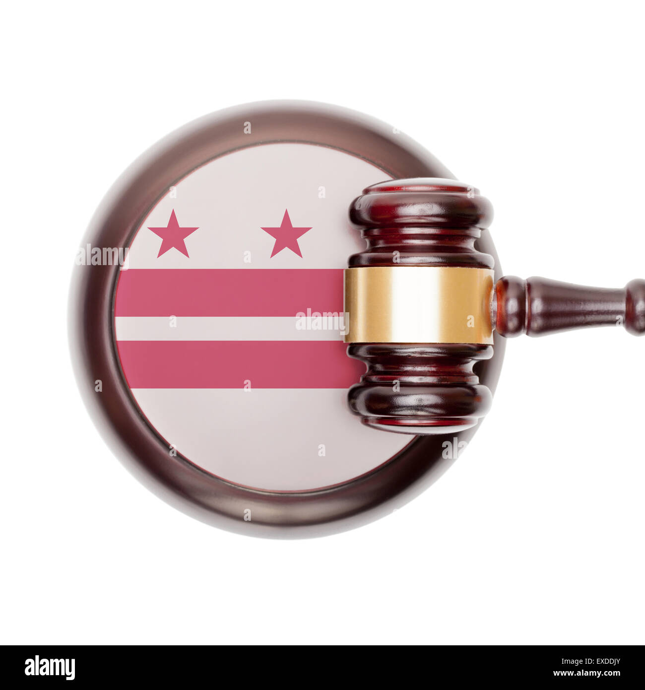 Wooden judge gavel with USA state flag on sound block - District of Columbia Stock Photo
