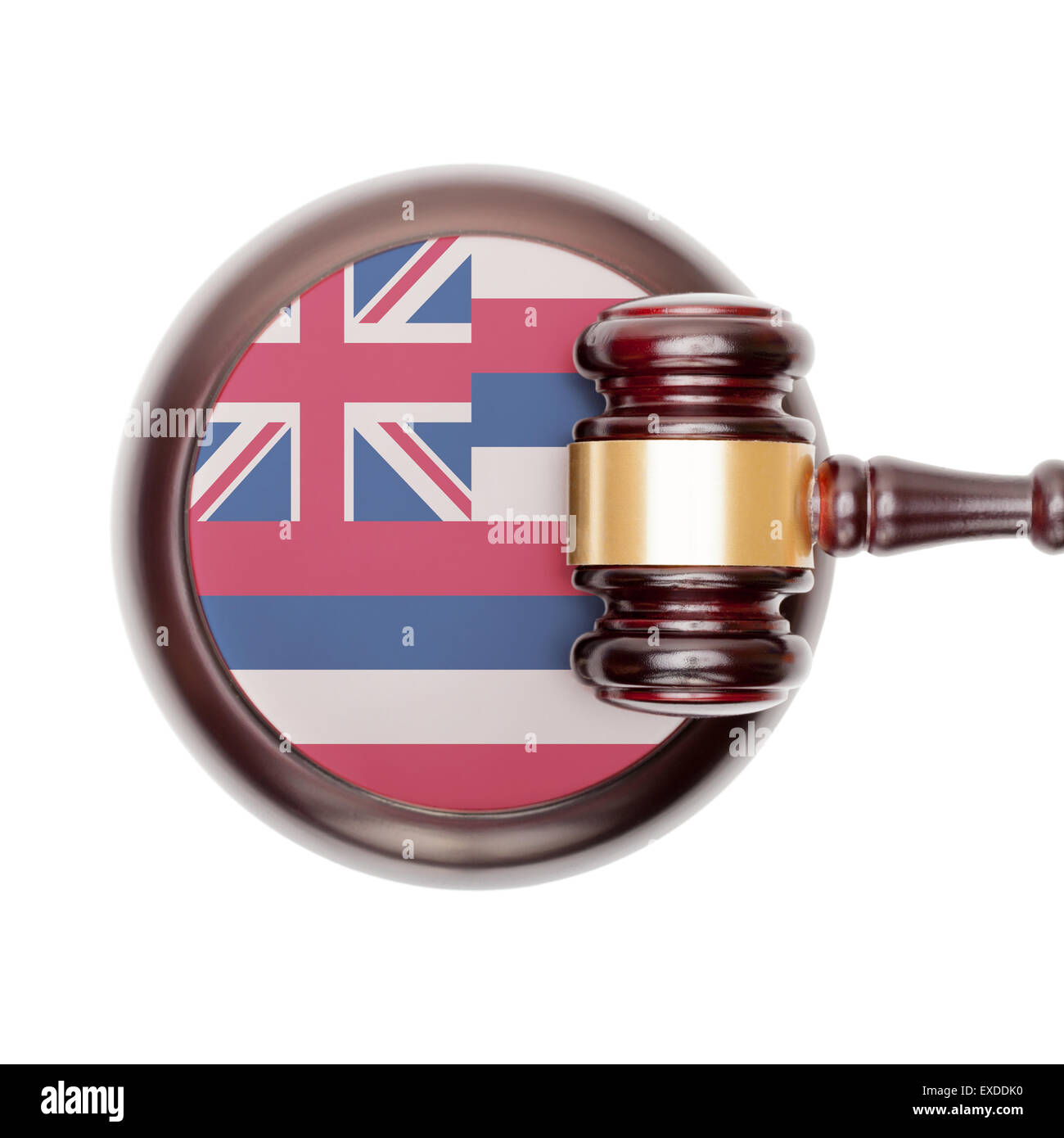 Wooden judge gavel with USA state flag on sound block - Hawaii Stock Photo