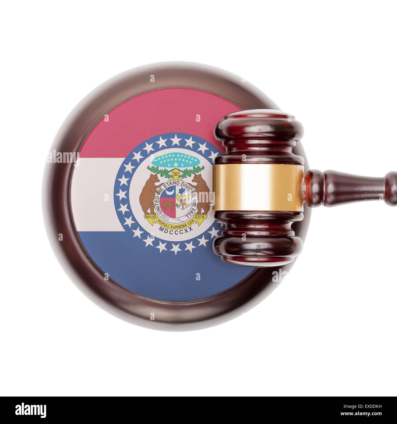 Wooden judge gavel with USA state flag on sound block - Missouri Stock Photo