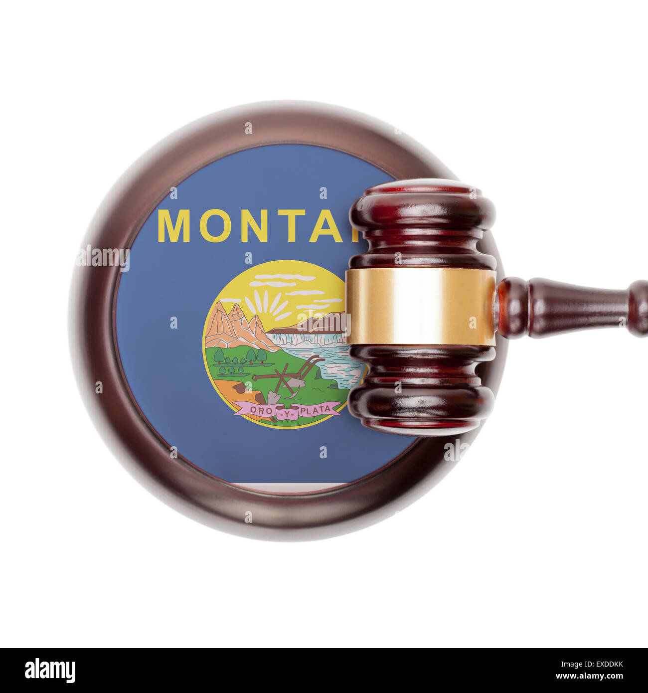 Wooden judge gavel with USA state flag on sound block - Montana Stock Photo