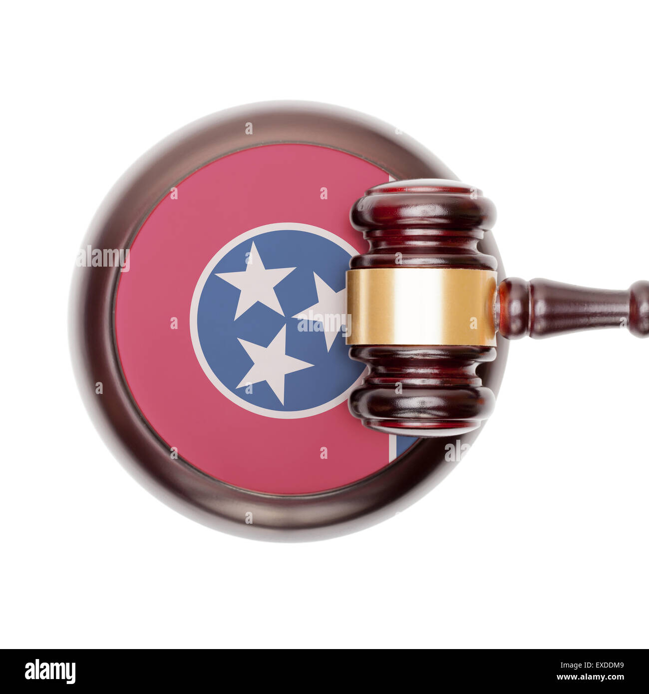 Wooden judge gavel with USA state flag on sound block - Tennessee Stock Photo