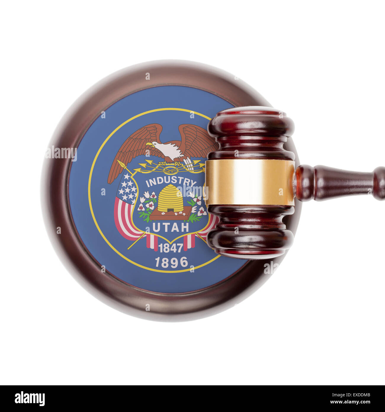 Wooden judge gavel with USA state flag on sound block - Utah Stock Photo