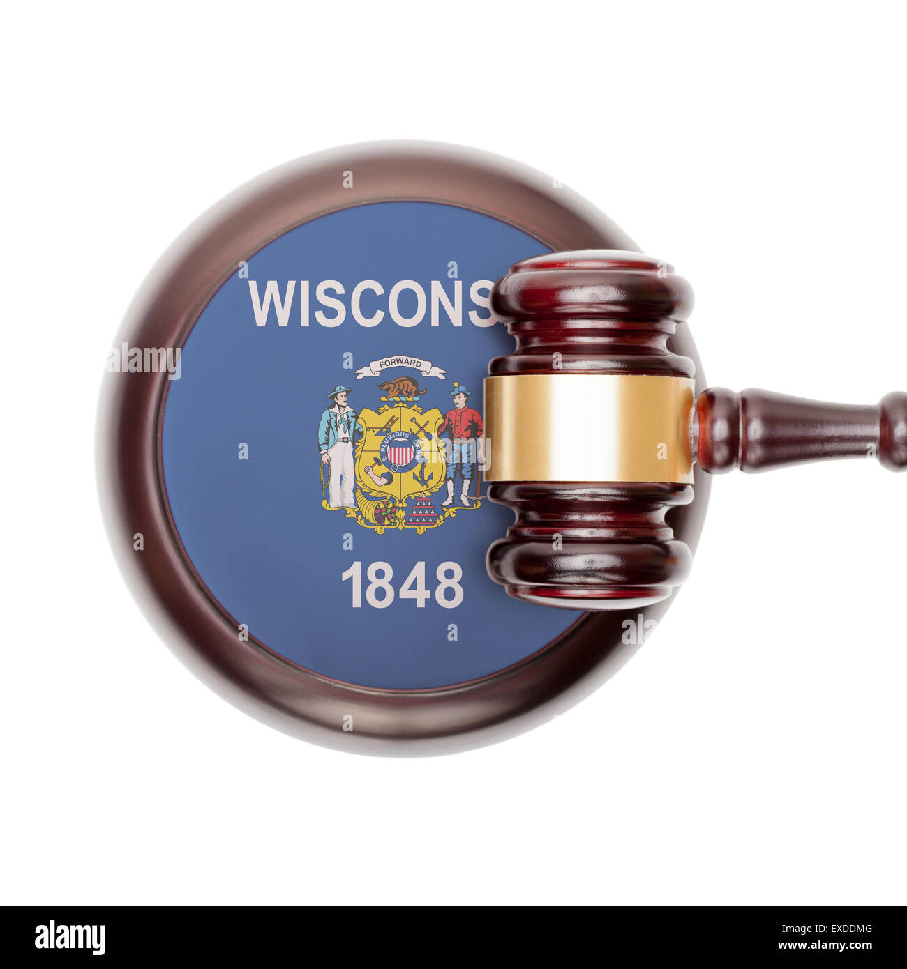 Wooden judge gavel with USA state flag on sound block - Wisconsin Stock Photo