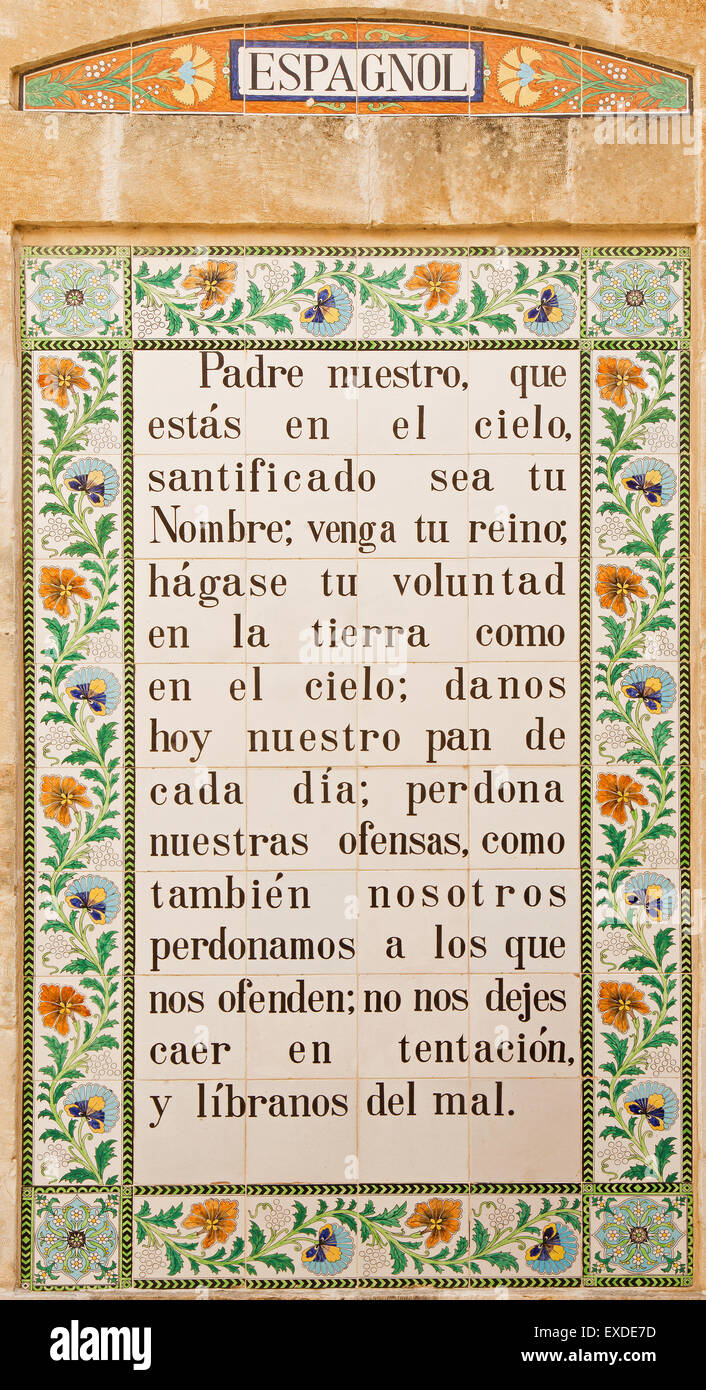 JERUSALEM, ISRAEL - MARCH 3, 2015: The Spain Lord's prayer in atrium of ...
