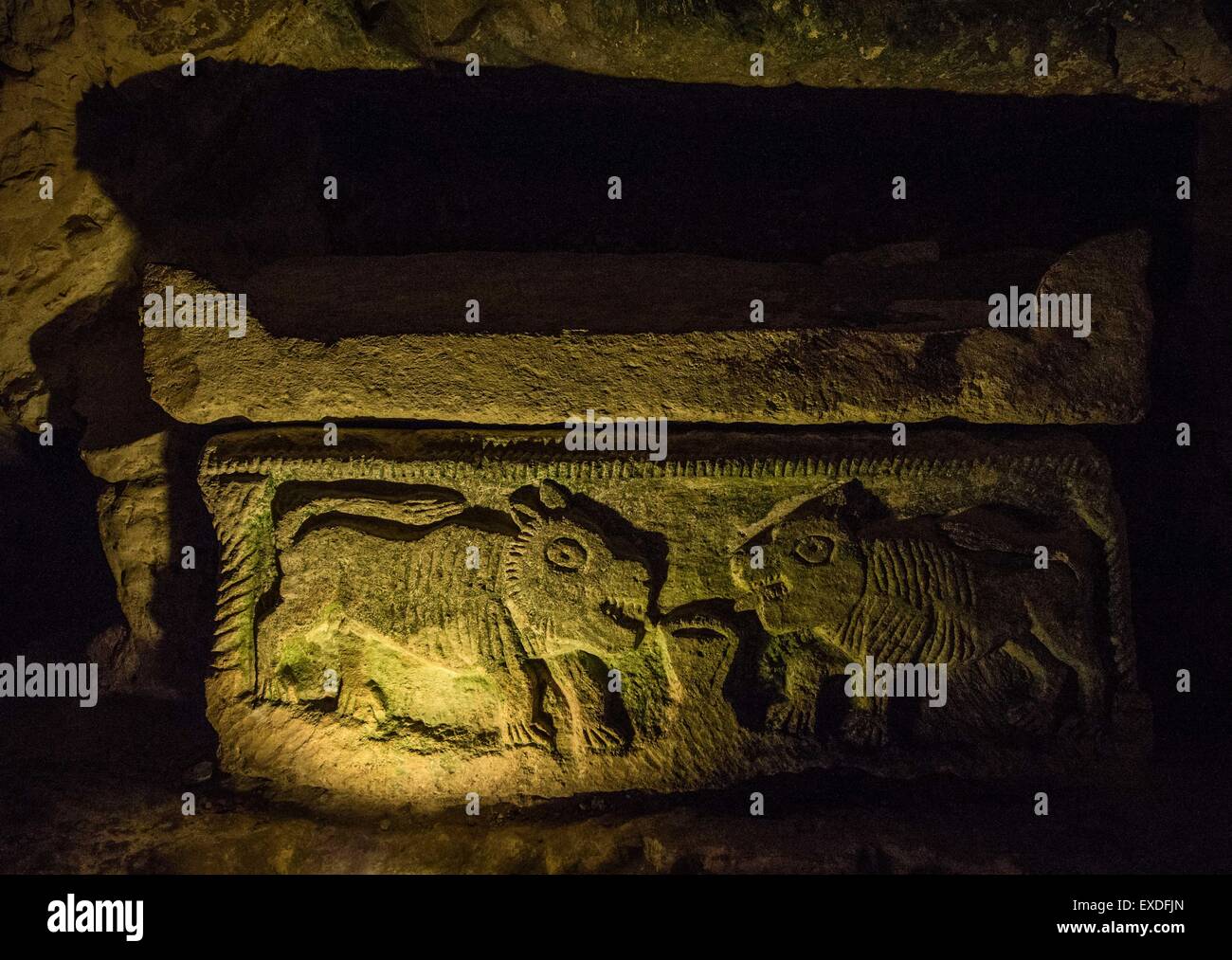 (150712) -- BET SHE'ARIM, July 12, 2015 (Xinhua) -- Carved animals are seen on a sarcophagus in the cave of the coffins at Necropolis of Bet She'arim in Israel, on July 11, 2015. Necropolis of Bet She'arim in Israel, the landmark of Jewish Renewal, was inscribed on the UNESCO World Heritage List on July 4, 2015. Consisting of a series of catacombs, the necropolis developed from the 2nd century BCE as the primary Jewish burial place outside Jerusalem following the failure of the second Jewish revolt against Roman rule. Located southeast of the city of Haifa, these catacombs are a treasury of ar Stock Photo