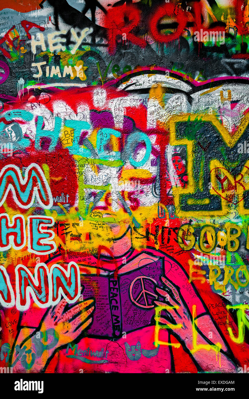 PRAGUE, CZECH REPUBLIC - MAY 21, 2015: Colorful Detail from Famous John Lennon Wall on Kampa Island in Prague filled with Beatle Stock Photo