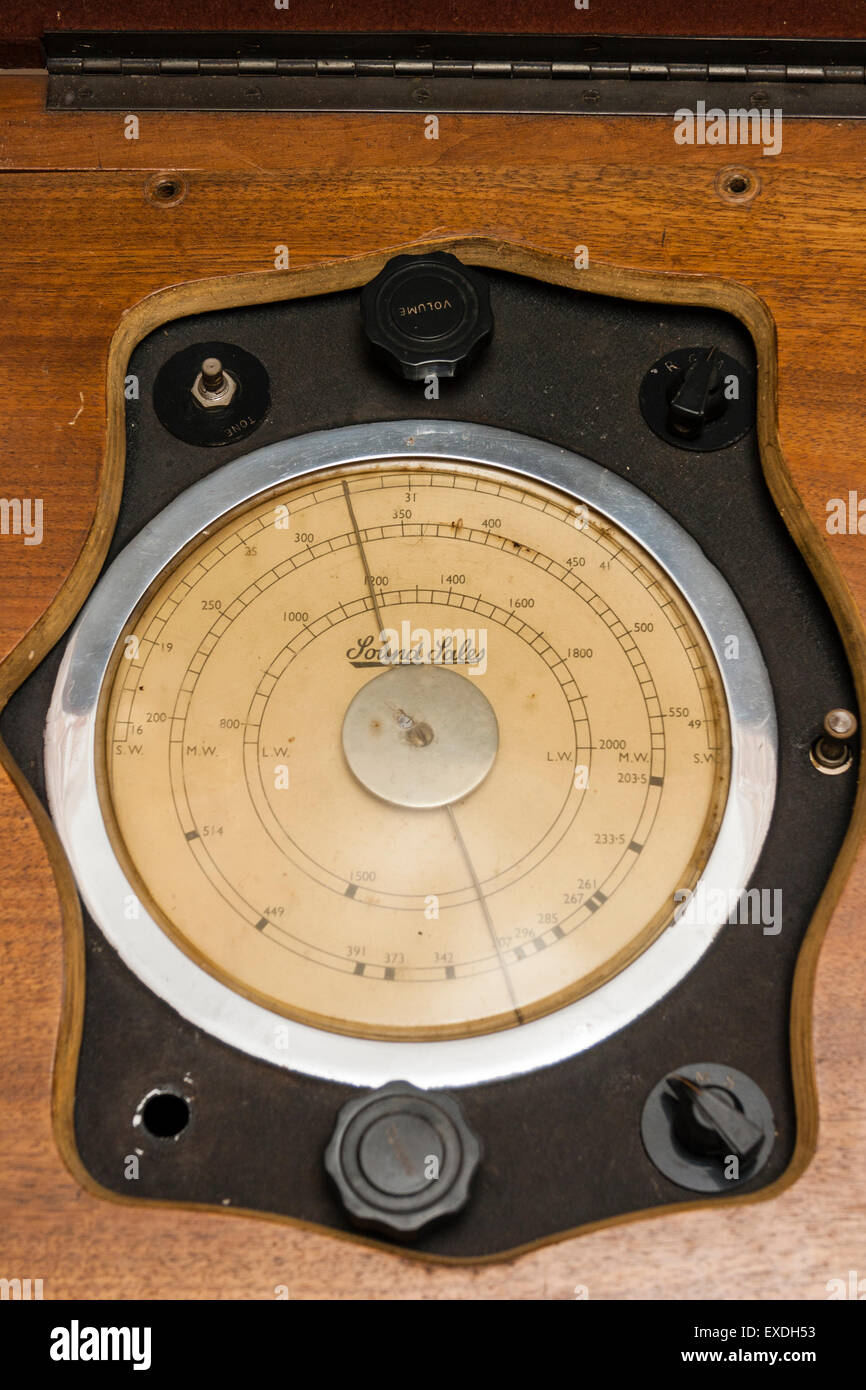 Vintage 1950's Sound Sales radiogram. Close up of the tuning dial with tuning controls at the top and bottom of the dial. Stock Photo