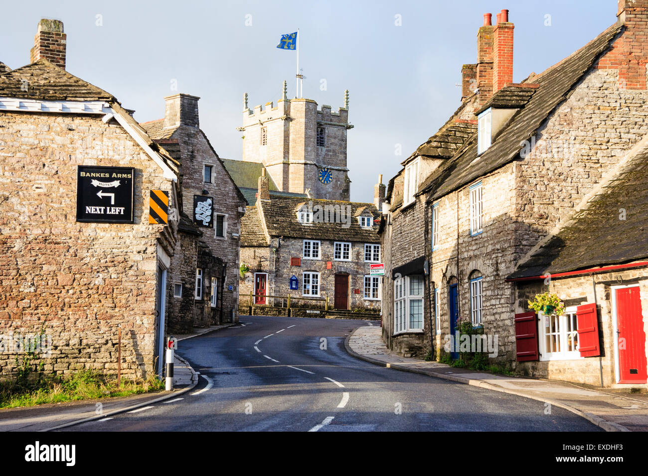 Typical English village square, Corfe in Dorset. Showing village road